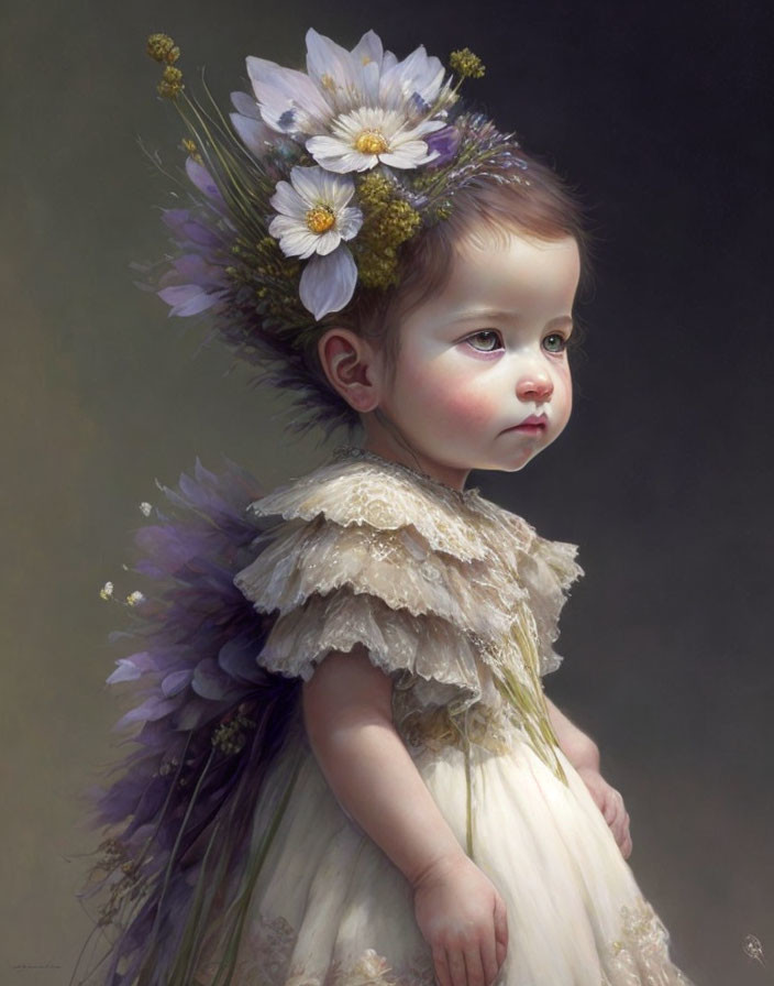 Portrait of young child in floral headpiece and ruffled outfit on gray background