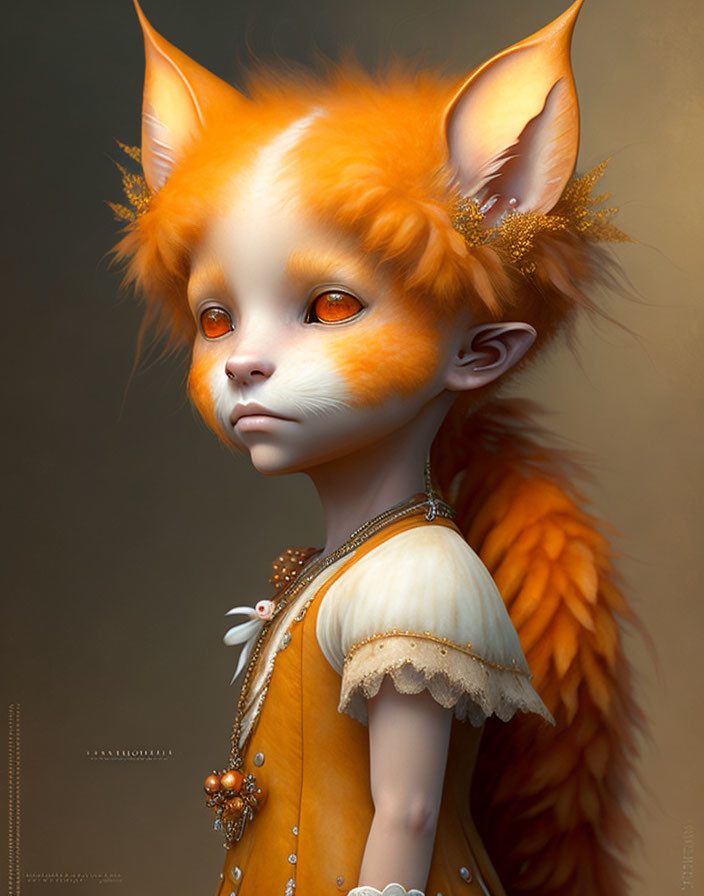 Whimsical creature art: Young girl and fox blend with orange fur