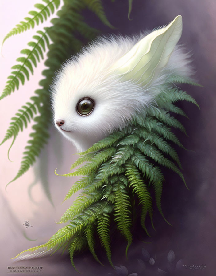 Fern-bodied creature with large ears and fluffy white face