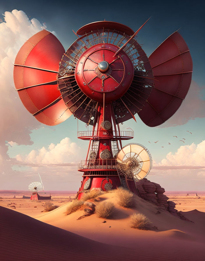 Red windmill in sandy desert with birds and clear sky