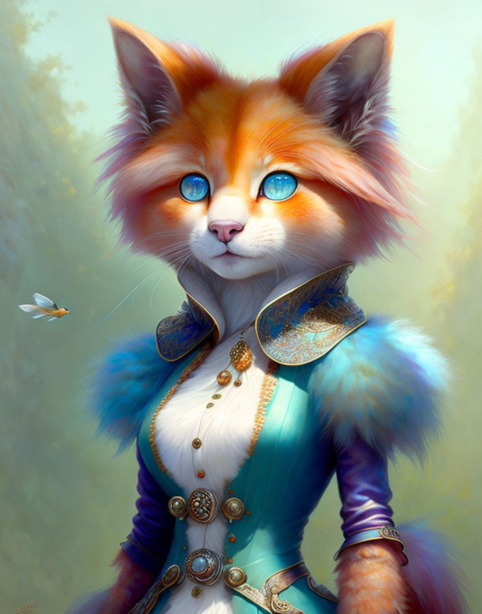 Anthropomorphic fox in teal and gold Victorian attire admires dragonfly