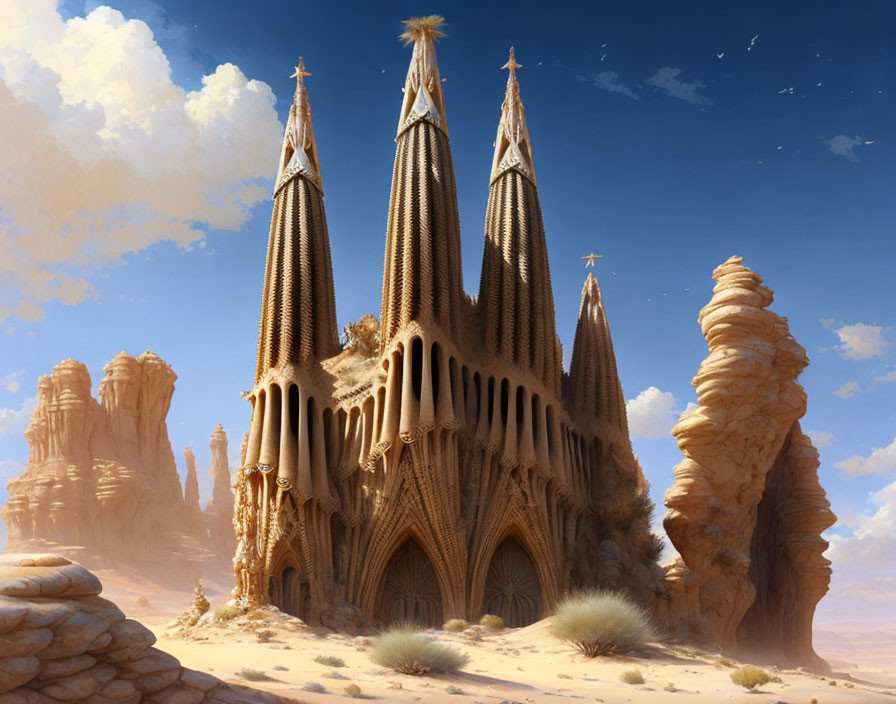 Gothic cathedral with spires in desert landscape