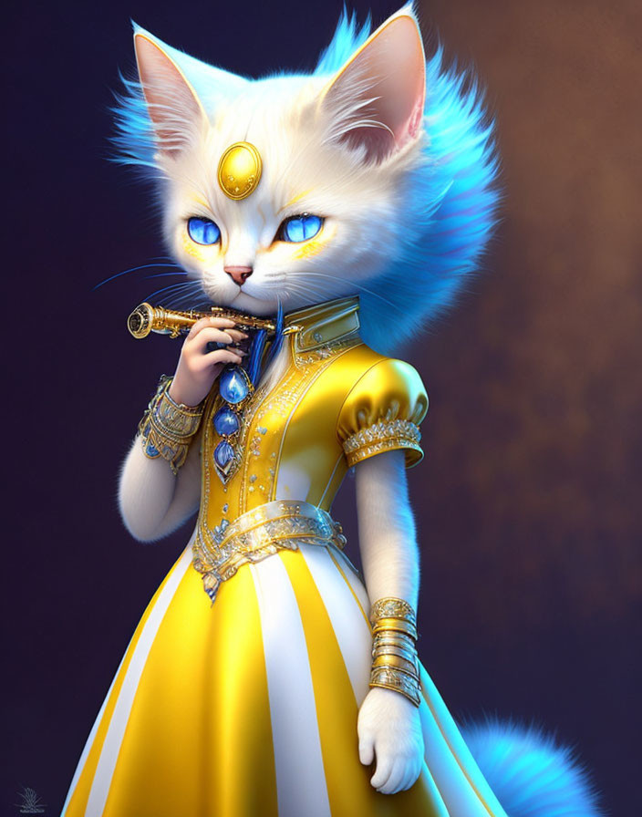 White Cat in Yellow Dress Playing Flute with Blue Accents