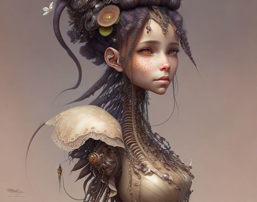 Fantasy female character with ornate flower-adorned hair in steampunk style