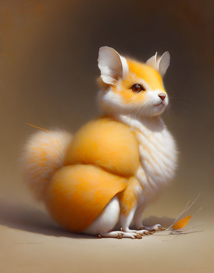 Fantasy creature illustration with fox head, chubby cat body, and bushy tail in warm hues.