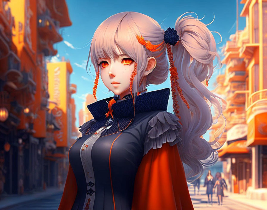 Silver-haired anime girl in black and orange outfit at city street sunset