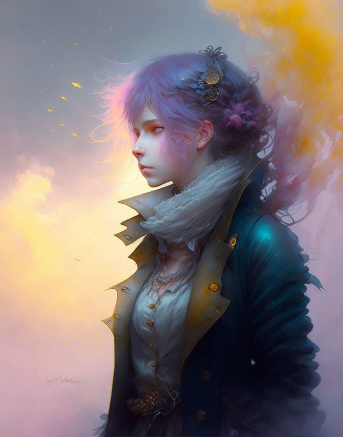 Pastel purple-haired figure with floral adornments in teal jacket