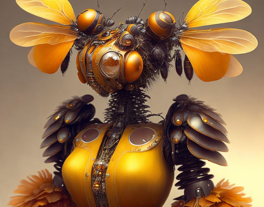 Steampunk-inspired mechanical bee on warm background