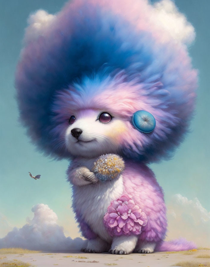 Pastel-colored creature with cloud-like mane and flowers