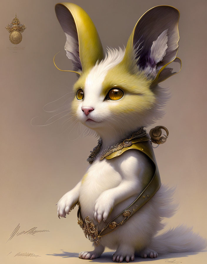 Anthropomorphic rabbit-cat hybrid in elegant golden attire