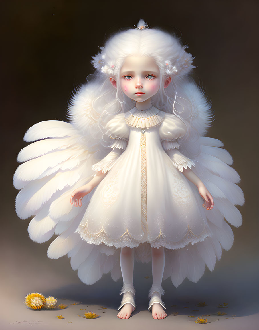 Child angel digital art: white wings, ornate dress, dark backdrop with dandelions