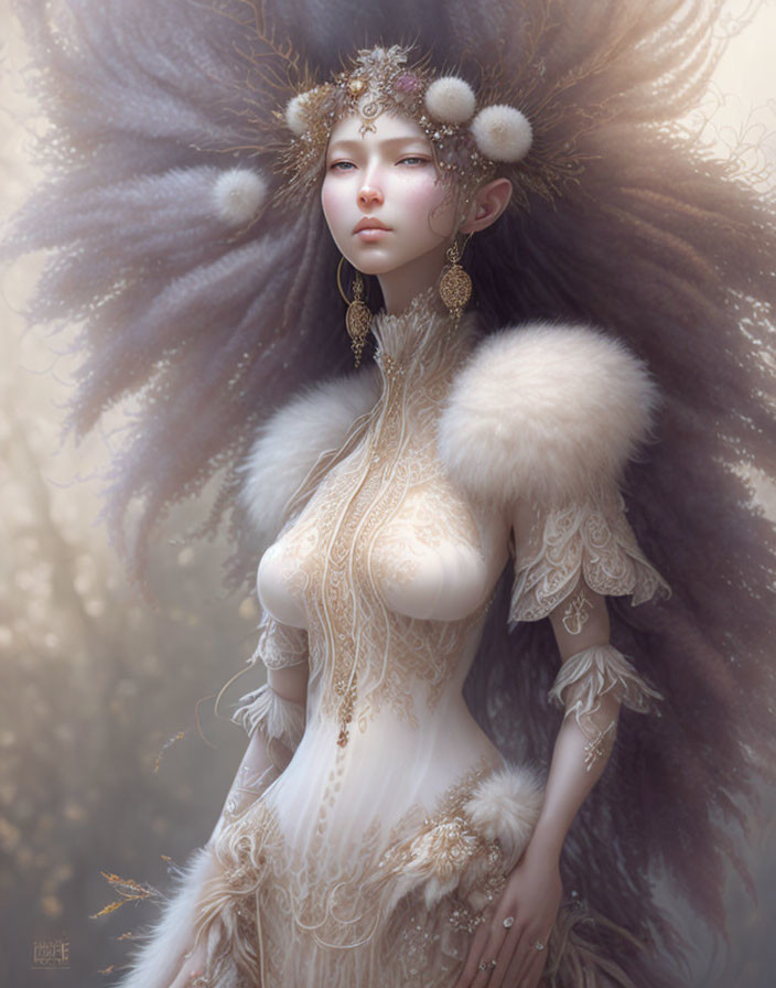 Ornate fantasy portrait of a woman in fur-lined dress and headdress, with gold jewelry and