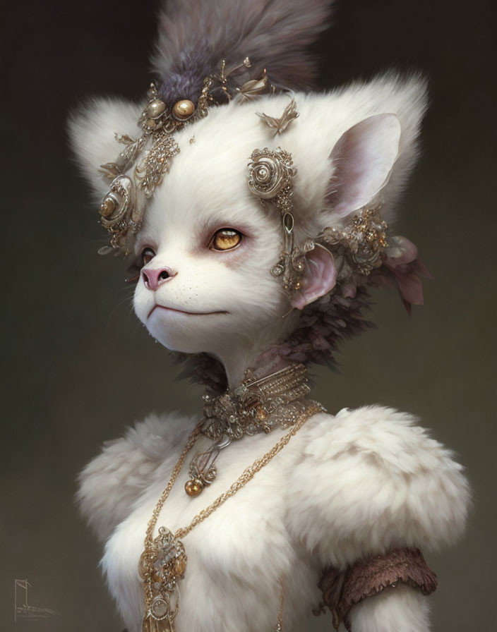 White Cat with Golden and Jeweled Head Ornaments gazes regally.