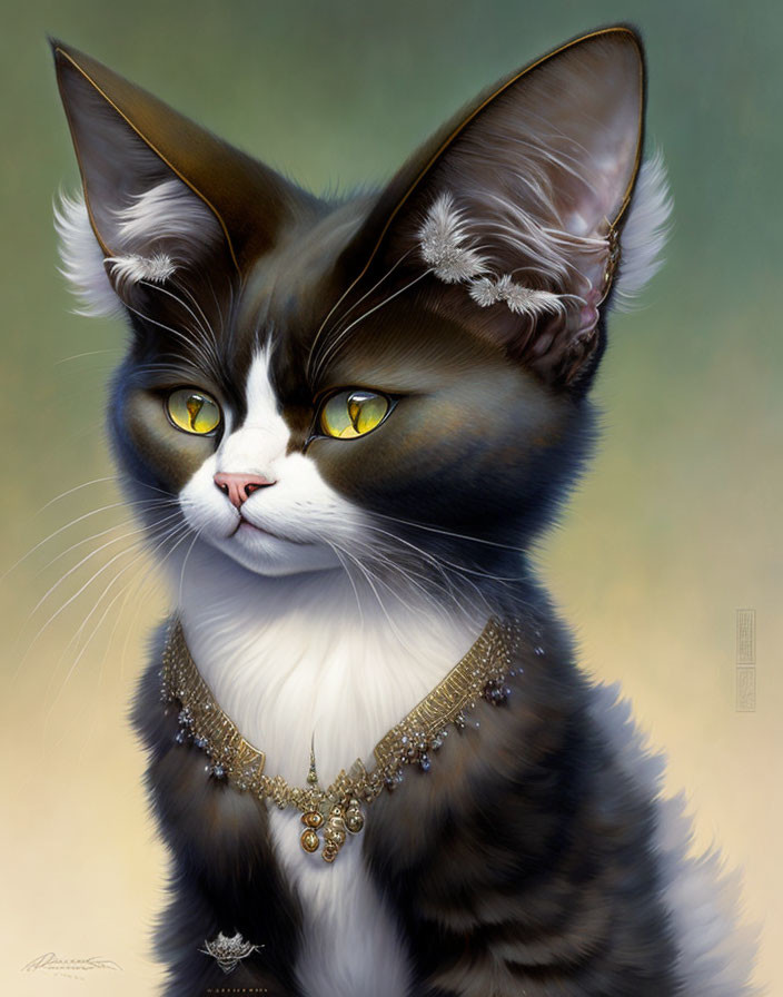 Regal black and white cat with yellow eyes and gold necklace