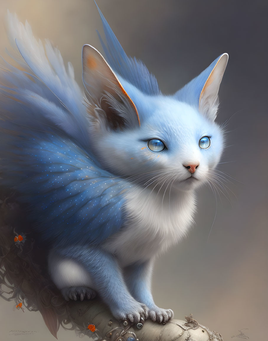 Blue-furred creature with cat-like features and wings perched on a branch