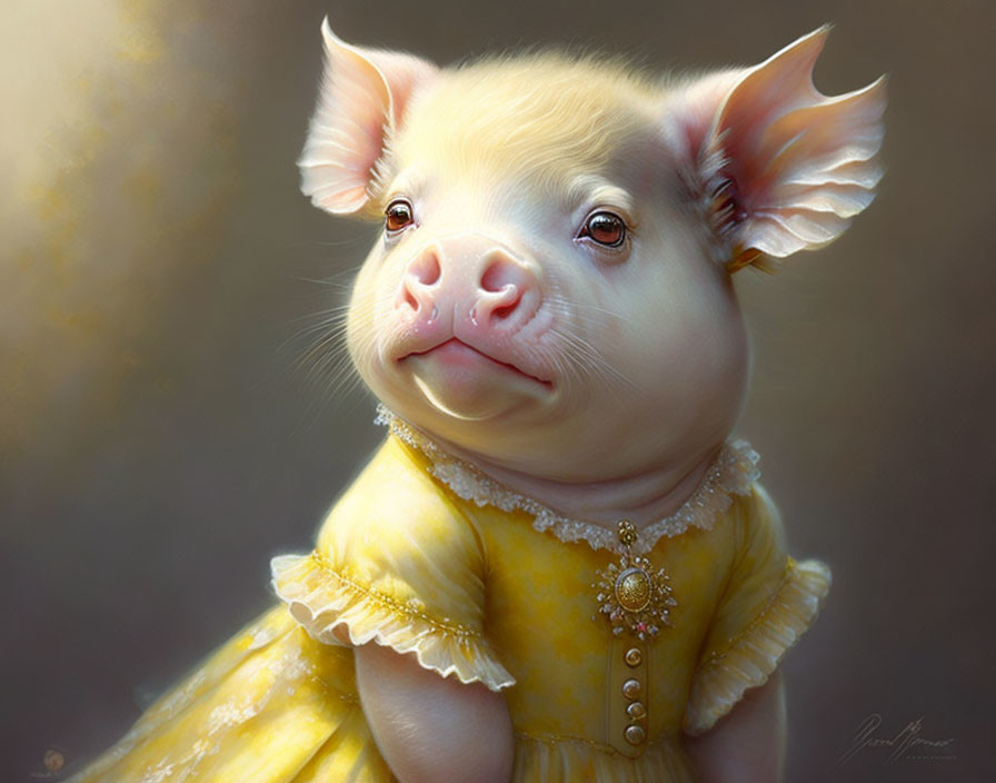 Whimsical piglet in elegant yellow dress with jeweled collar