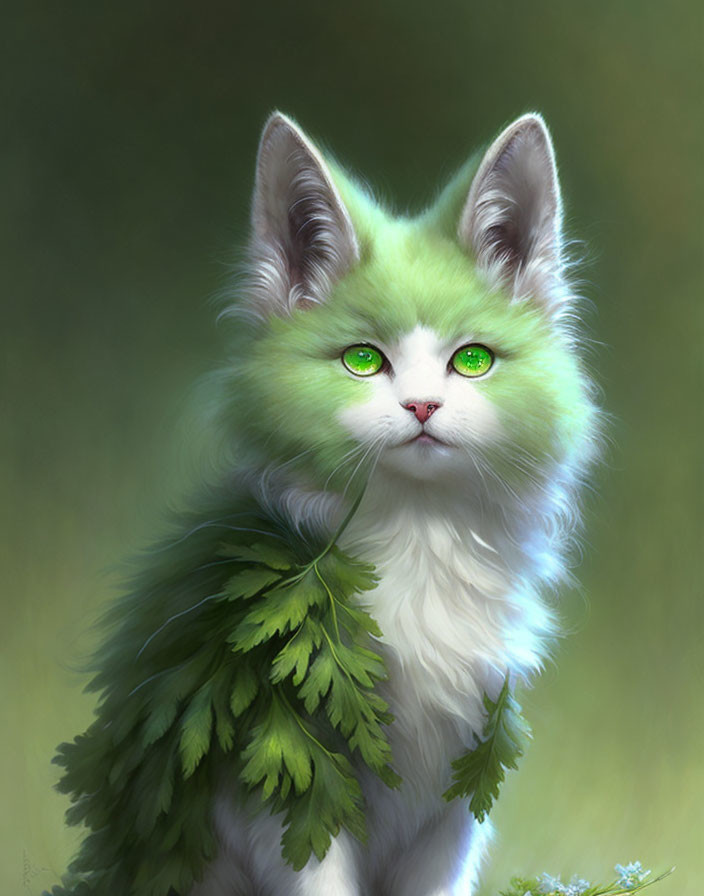 Fantasy white and green cat with leafy fur in digital artwork