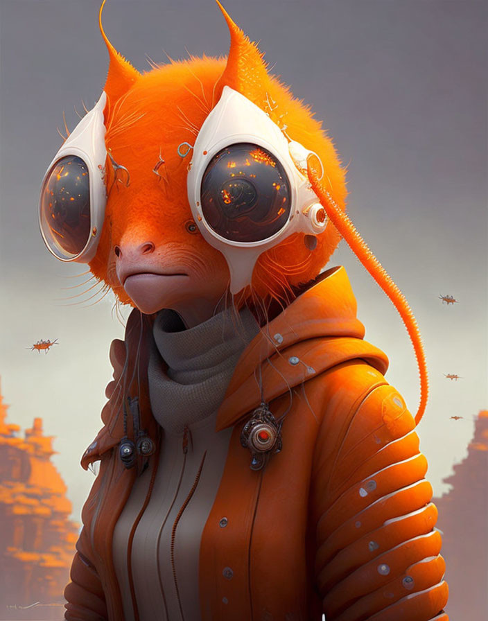 Orange creature in space suit with goggles, surrounded by flying beings on amber background