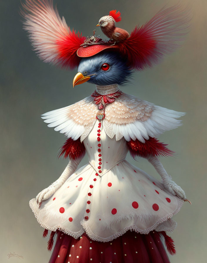 Bird illustration in Victorian-style red & white polka-dot dress with human-like features.