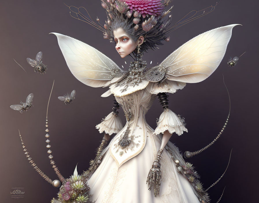 Fantasy digital artwork with butterfly wings, Victorian dress, and steampunk elements