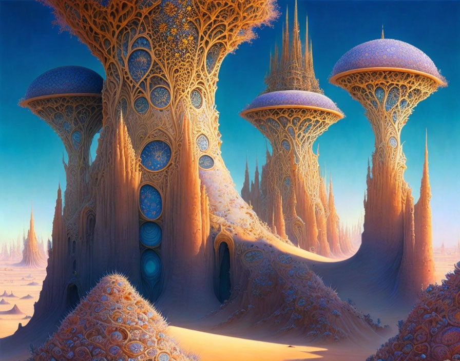 Ornate, towering dome-shaped structures in fantasy landscape