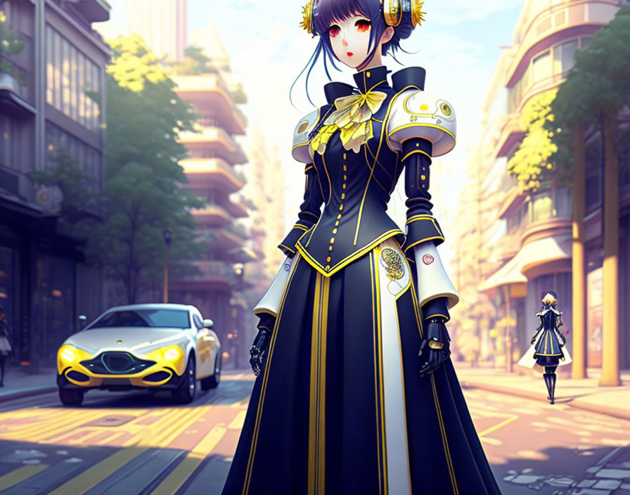 Purple-haired girl in black and yellow dress on city street with luxury car and another girl.