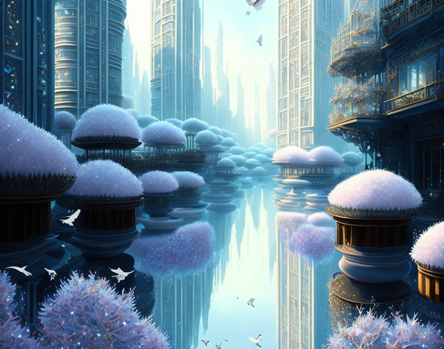 Snowy fantasy cityscape with pink flora and butterflies by reflective waterways