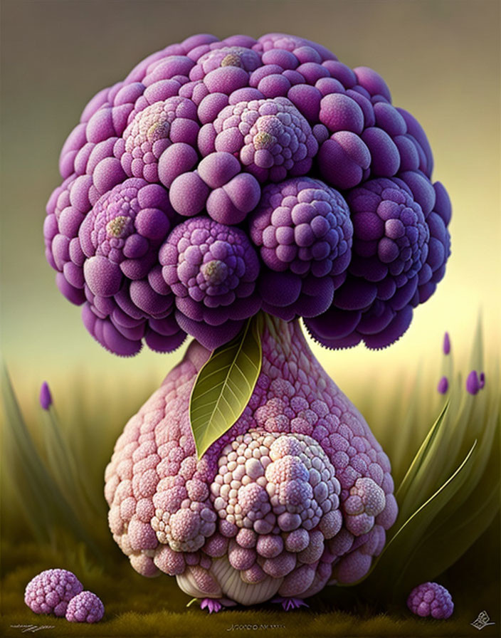 Stylized purple tree with bubble-like canopy art