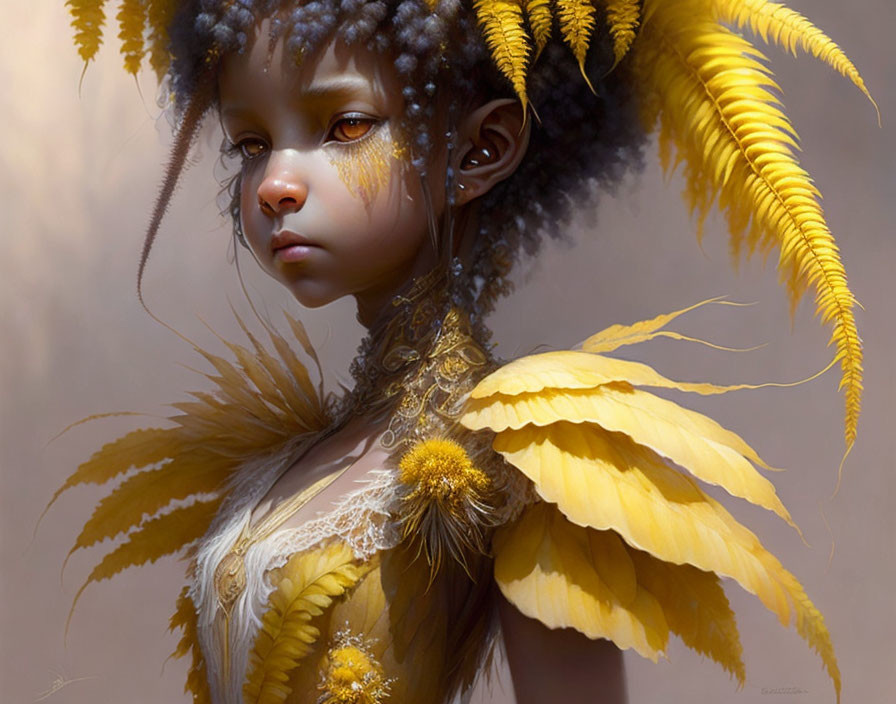 Fantasy illustration of a child with dark hair and yellow feathers.