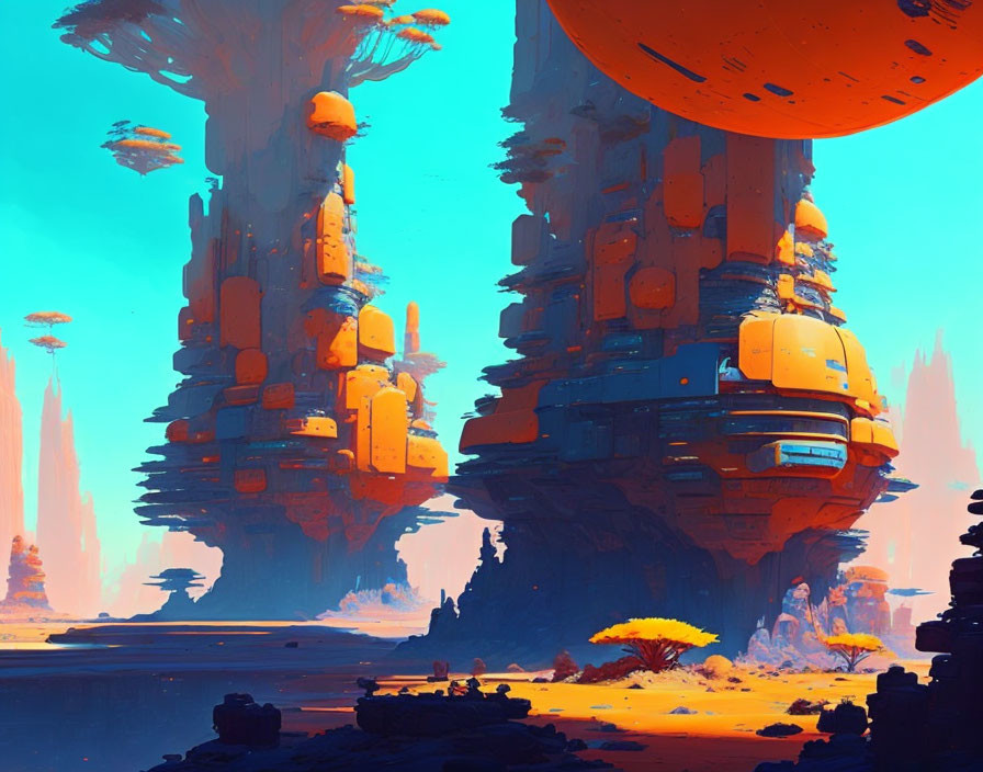 Futuristic sci-fi landscape with towering rock formations and futuristic buildings under an orange sky