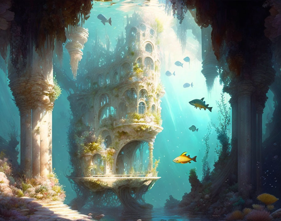 Majestic abandoned building in underwater scene with fish, coral, and columns