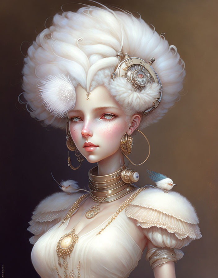 Fantastical woman with white hair, clock hairpiece, golden jewelry, and bird on shoulder