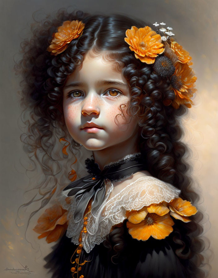 Digital artwork: Girl with curly hair, orange flower adornments, black lace dress, and solemn gaze