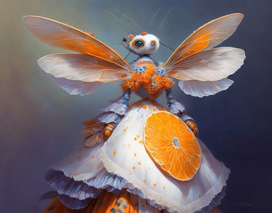 Colorful creature with orange slice body and insect wings in skirt.