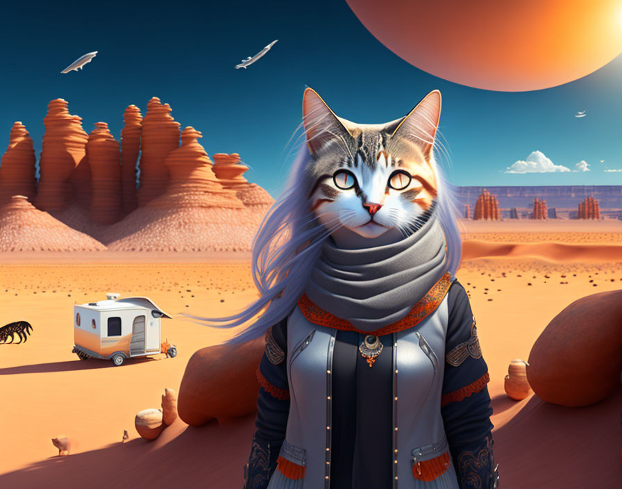 Stylized humanoid cat in desert landscape with caravan and zebra