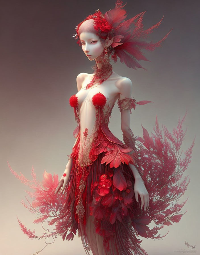 Red-themed ethereal figure with botanical elements and intricate adornments - digital artwork