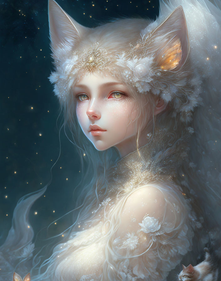 Fantasy portrait: Female with feline ears, golden headdress, starry aura