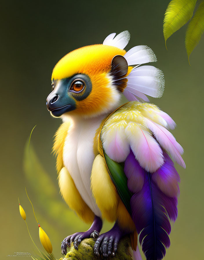 Vibrant fantasy creature with golden monkey head and parrot wings on branch