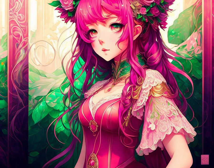 Anime-style girl with pink hair in floral headdress, pink dress, in fantastical garden.