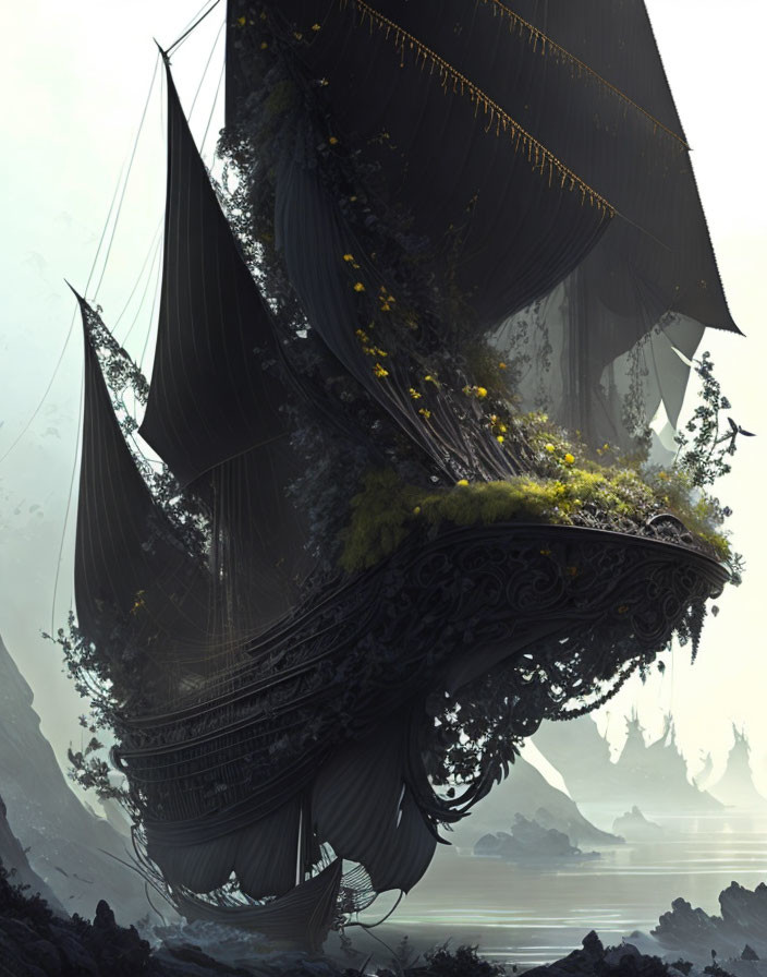 Fantasy-style ship with elaborate sails in misty landscape