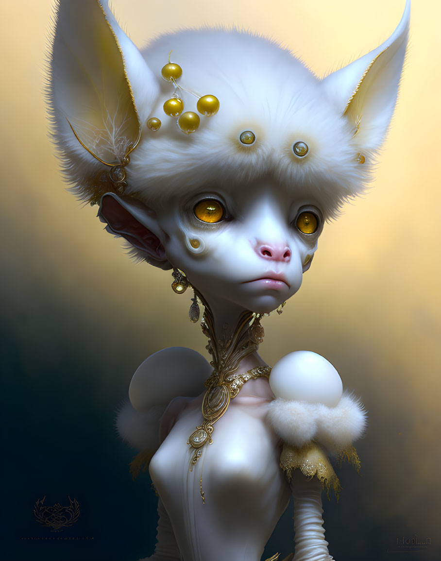 White creature with golden eyes and multiple ears on blue-yellow gradient.