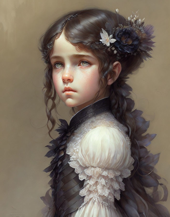 Portrait of young girl with braided hair and flower accessories in white and dark dress