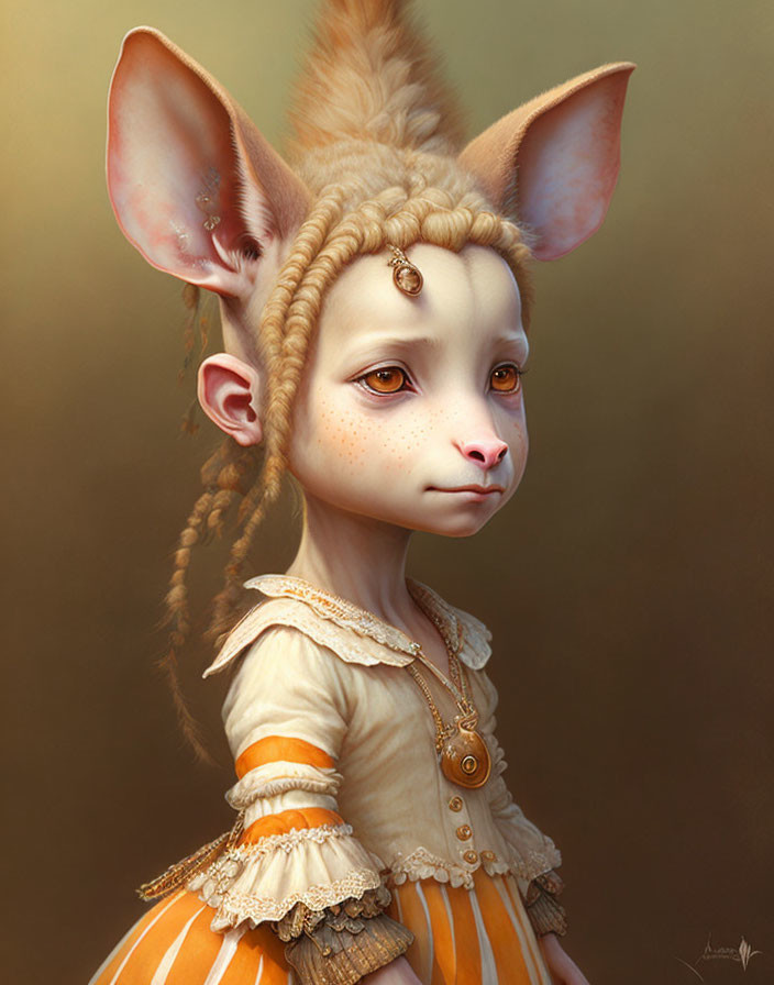 Humanoid creature with pointed ears, feline nose, braided hair, ornate orange dress