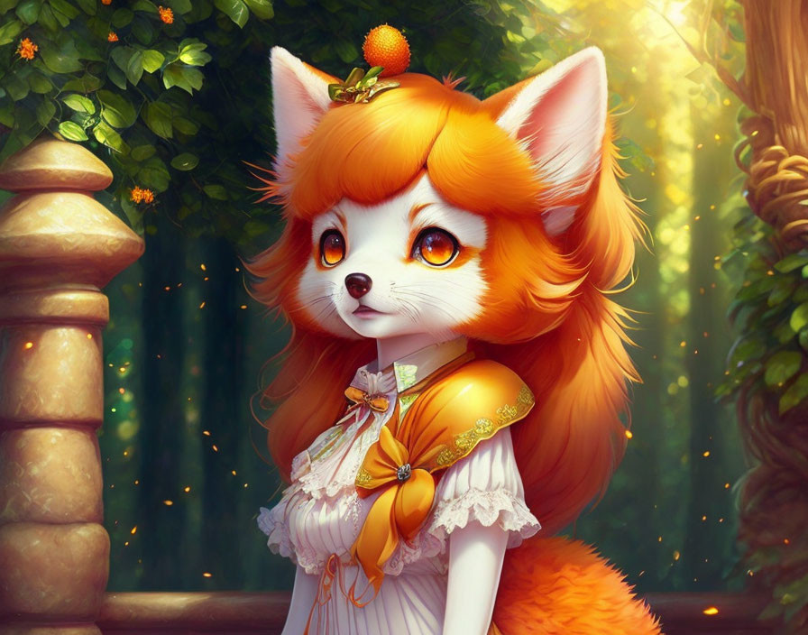 Orange Fox with Headband and Bow Tie in Sunlit Forest