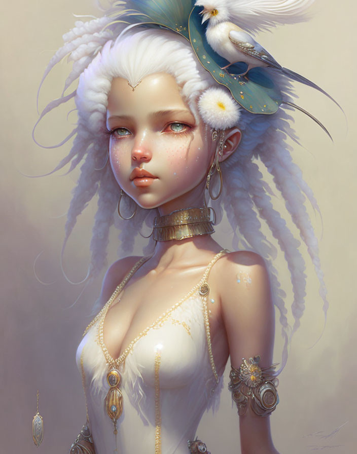 Fantasy female illustration with white hair, feathers, jewelry, and bird.