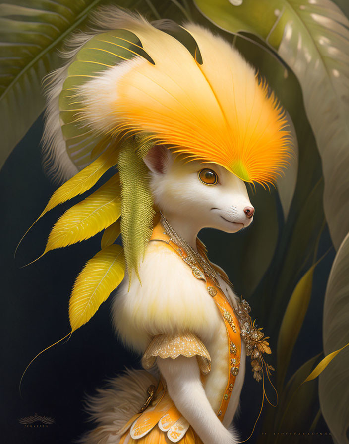 White Fox Creature with Yellow Headdress and Golden Attire in Jungle Setting