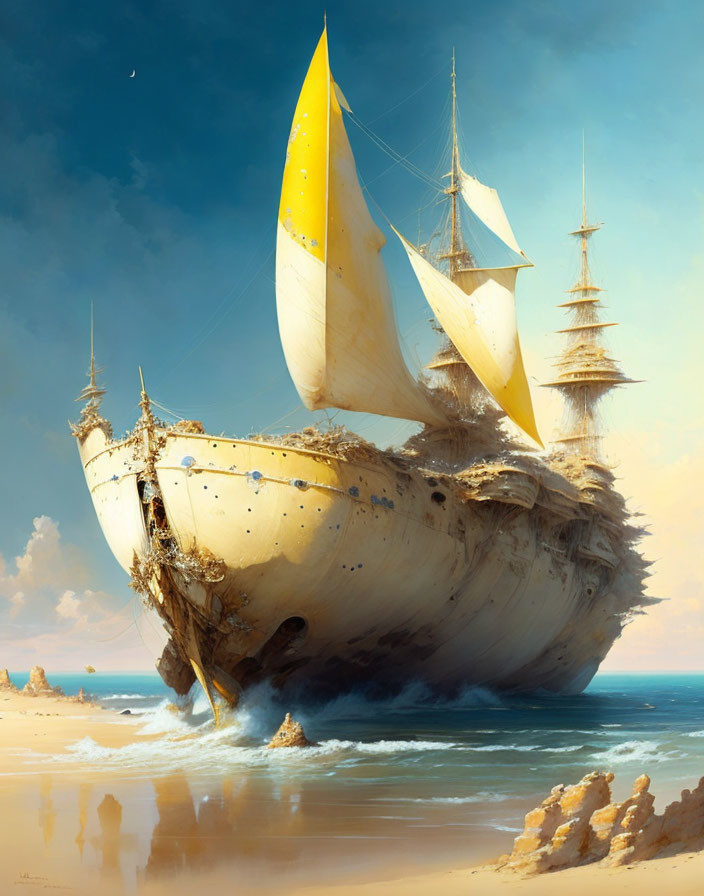 Fantastical ship with towering sails on sandy shore under clear blue sky