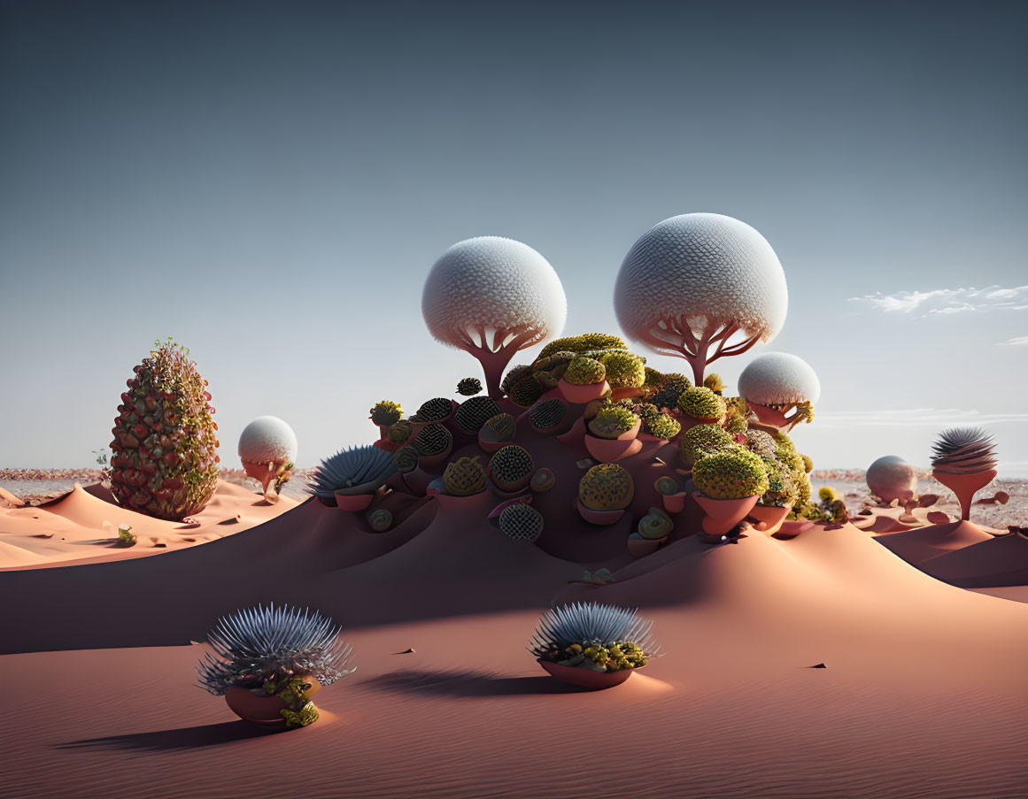 Surreal desert landscape with dunes and stylized trees