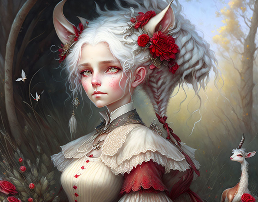 Young girl with white-furred ears and red flowers in a mystical forest