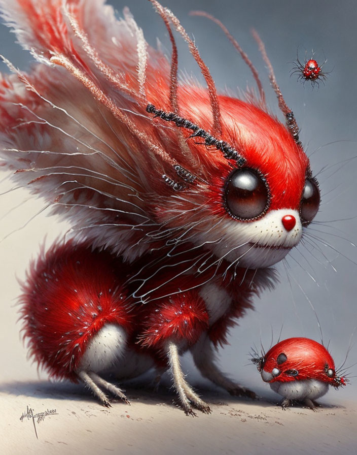 Whimsical fantasy creature with fluffy red & white fur